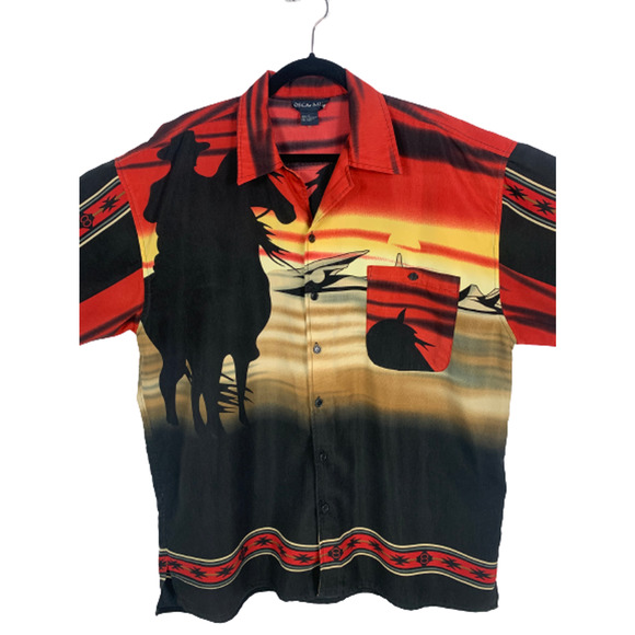 OSCAR MISA Mens Size Large Button-up Shirt Cowboy Sunset Print Rodeo Western - Picture 2 of 6
